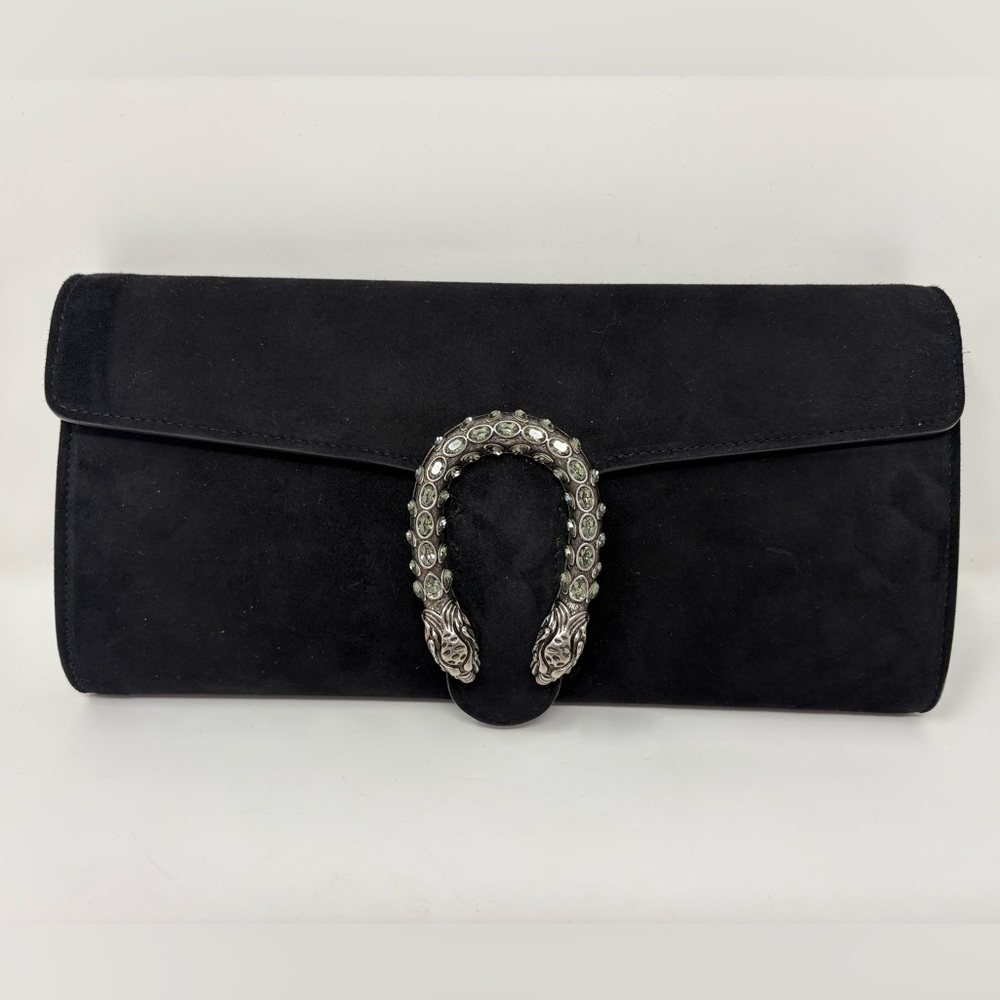 Gucci Black Suede Dionysus Clutch Bag Evening Silver Jeweled Luxury Horseshoe